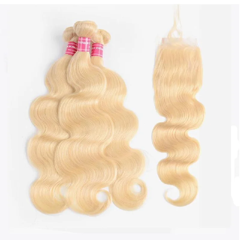 Wavy wig with a water - wave texture for a unique and stylish choiceKlaiyi 613 Blonde Body Wave Human Hair 3 Bundles with Lace Closure