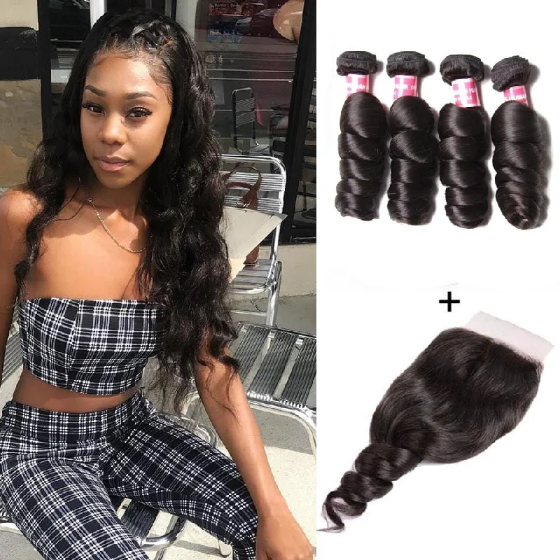 Wavy wig with a pre - bleached knot for a natural - looking scalp8A Grade Malaysian Loose Wave 4 Bundles with 4*4 Lace Closure-Klaiyi Hair