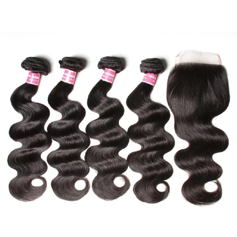 Wavy wig with a water - wave texture for a unique and stylish choice8a Virgin Malaysian Body Wave 4 Bundles with 4*4 Lace Closure, No Shedding and Tangle Free-Klaiyi Hair