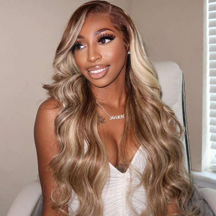 Human - hair wavy wig for a natural and luxurious feelAleena  | Highlight #4/#613 Brown Blonde Human Hair Body Wave Lace Front Wig