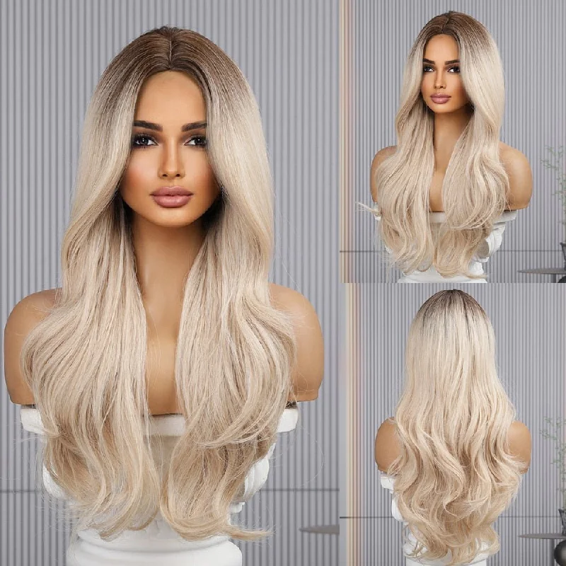 Synthetic wavy wig with a heat - friendly formulaAsh Blonde Brown Root Long Wavy Synthetic Wig