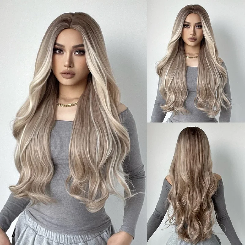 Wavy wig with auburn undertones for a unique and eye - catching colorAsh Blonde High Lights Long Wavy Synthetic Wig