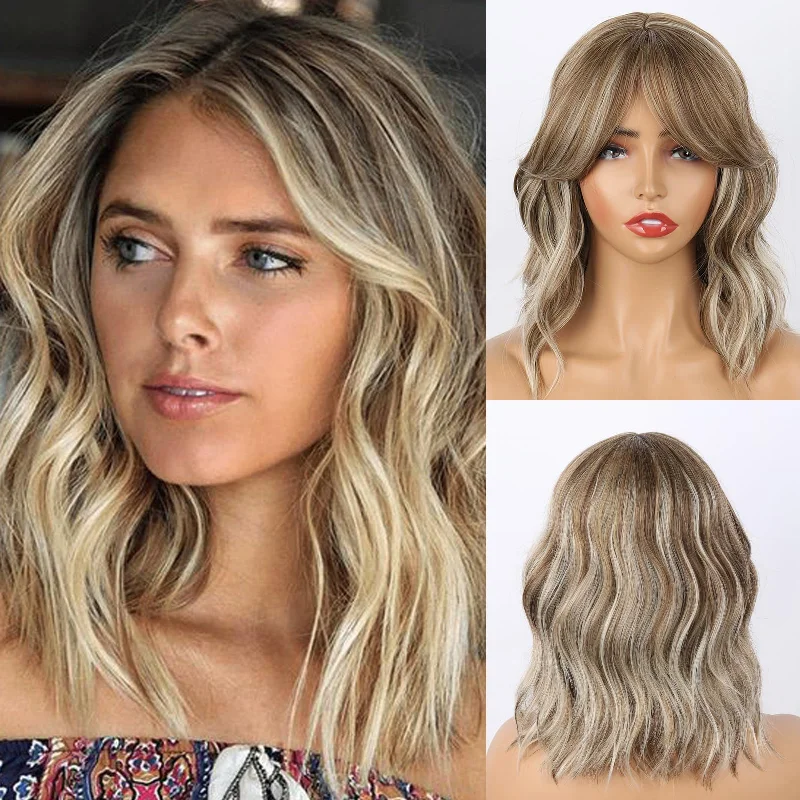 Ombre curly wig with a seamless color blendAsh Blonde with Highlights Medium Length Wavy Wig with Curtain Bangs