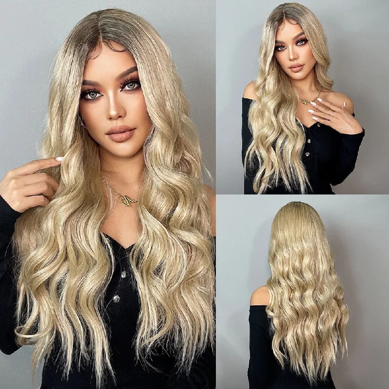 Wavy wig with a wavy bang for a trendy and modern styleAsh Brown Root Lace Front Blonde Wig