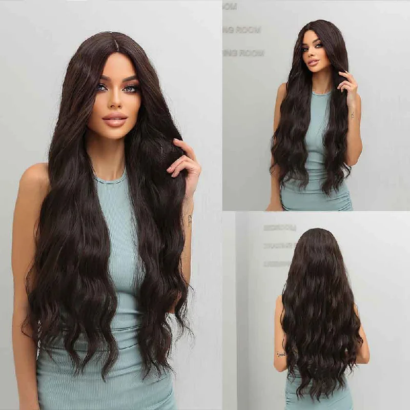 Wavy wig with a pre - bleached knot for a natural - looking scalpBlack Brown Long Wavy Synthetic Wig