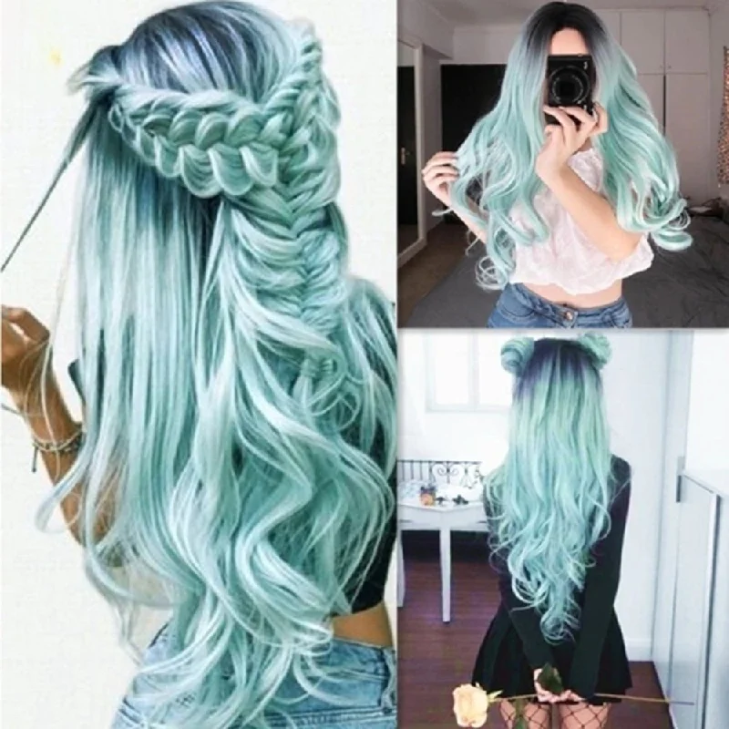 Body - wave wig with a full and voluminous lookBlack Mint Green Long Wavy Full  Synthetic Wig