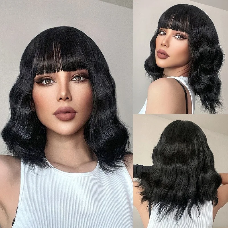 Wavy wig with a water - wave texture for a unique and stylish choiceBlack Ombre Short Bob Wave Synthetic Wigs