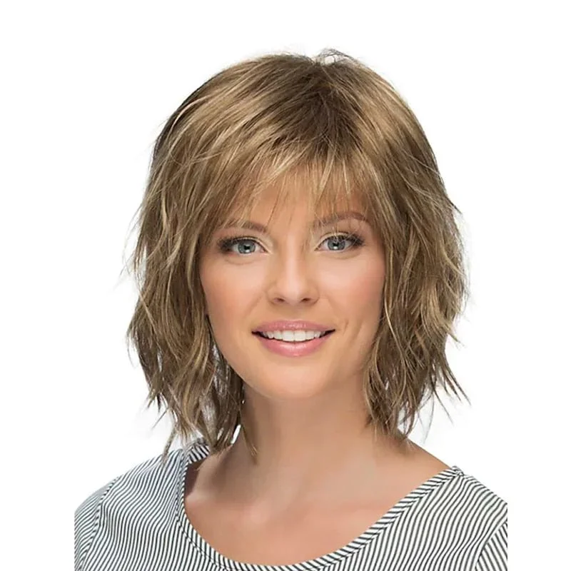 Wavy wig with a wavy bang for a trendy and modern styleBlonde Brown Curly with Bangs Synthetic Hair