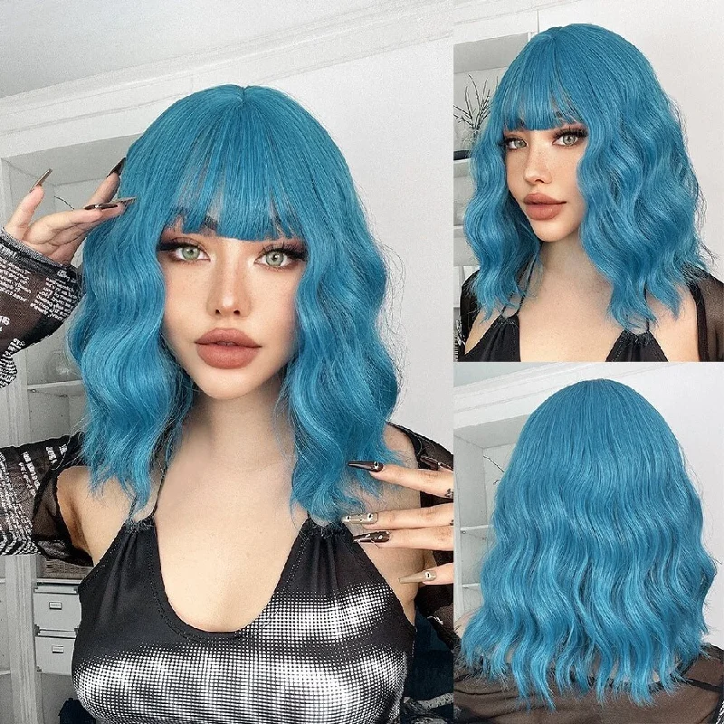 Human - hair wavy wig for a natural and luxurious feelBlue Ombre Short Bob Wave Synthetic Wigs