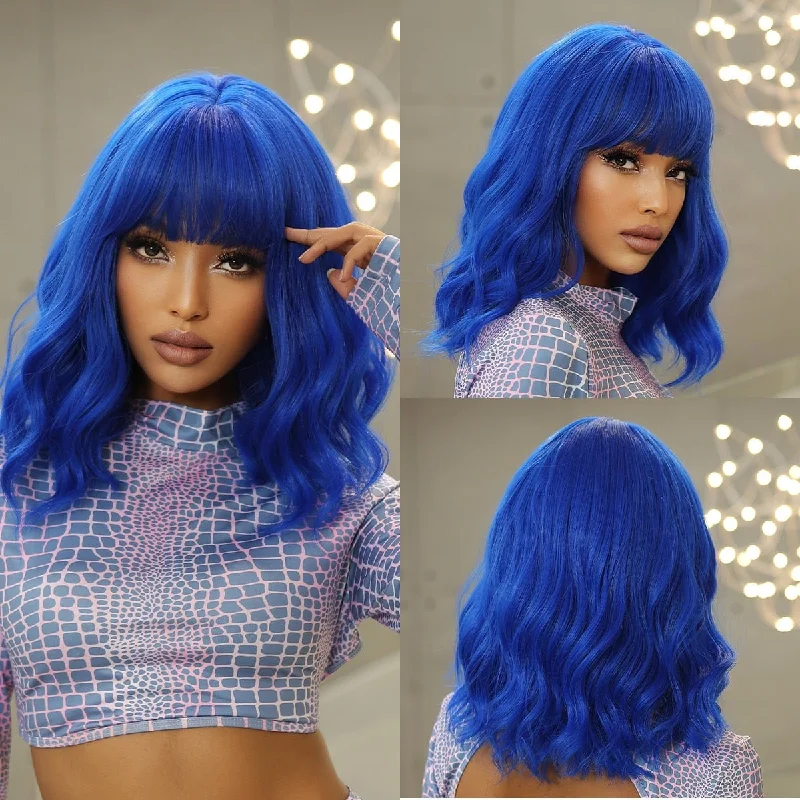 Wavy wig with a wavy bang for a trendy and modern styleBlue Short Wavy Wig with Bangs