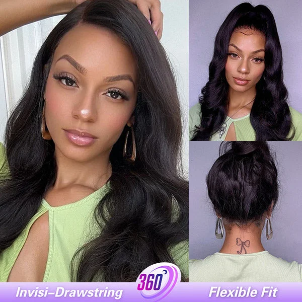 Wavy wig with a wispy fringe for a soft and feminine lookOQ Hair Body Wave Invisi Drawstring 360 Glueless Wig Flexible Fit Bleached Knots Wig Pre-Cut Lace