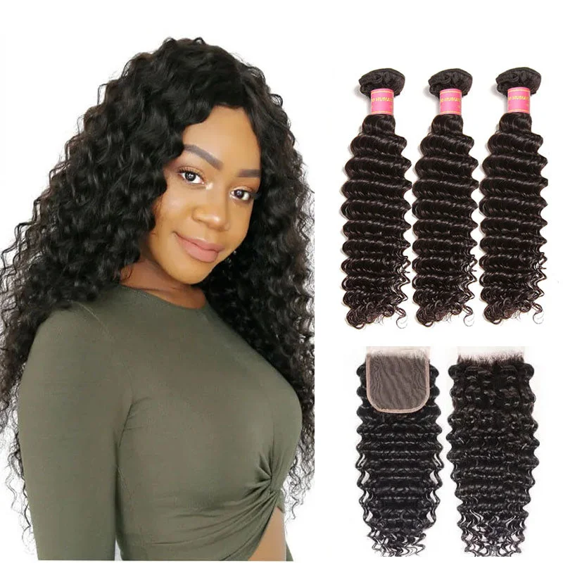 Human - hair wavy wig for a natural and luxurious feelSunber Hair Brazilian Virgin Deep Wave Hair 3 Bundles With  4"*4" Lace Closure, 100% Human Hair