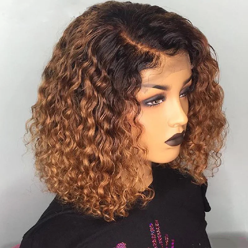 Short wig in a fiery red color for a vibrant appearanceBrazilian Hair Brown Color with Black Root Curly Lace Front Wig