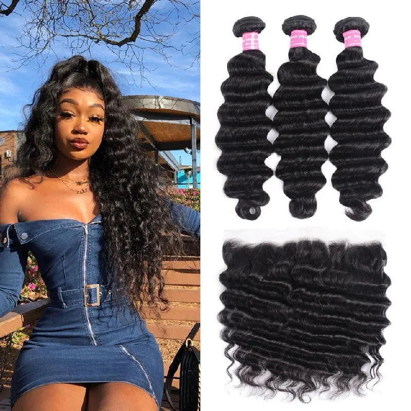 Wavy wig with a wispy fringe for a soft and feminine lookBrazilian Loose Deep Wave 3 Bundles with Lace Frontal Closure, 13*4 Ear to Ear, 100% Virgin Hair-Klaiyi