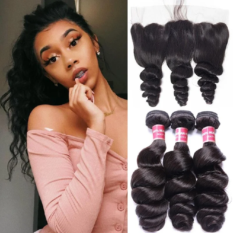 Wavy wig in a chocolate - brown color for a rich and warm appearanceBrazilian Loose Wave  3 Bundles with 13*4 Ear to Ear Lace Frontal Closure-Klaiyi Hair