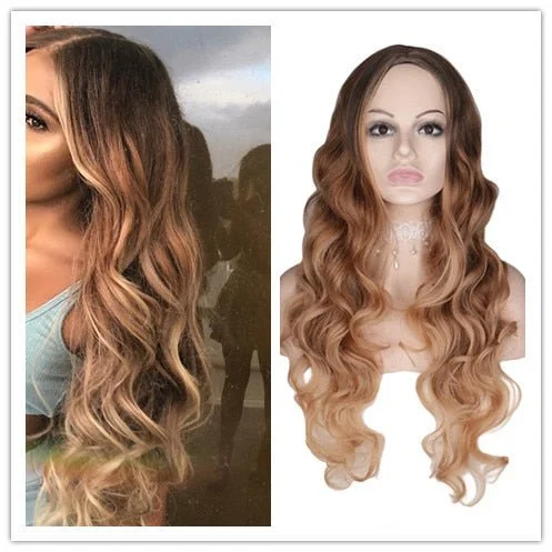 Ombre wavy wig with a seamless color blendBrown Blonde Long Wavy Full  Synthetic Wig