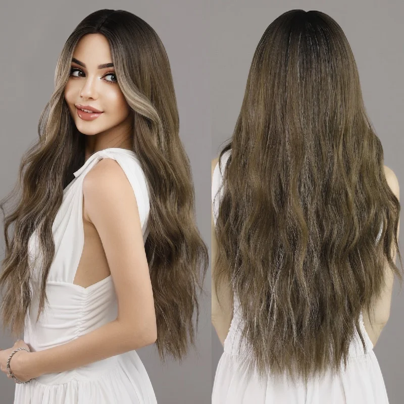 Synthetic wavy wig with a heat - friendly formulaBrown High Lights Synthetic Long Wig