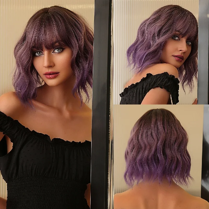 Lace - front wavy wig for a realistic hairlineBrown Root Purple Short Wig with Bangs