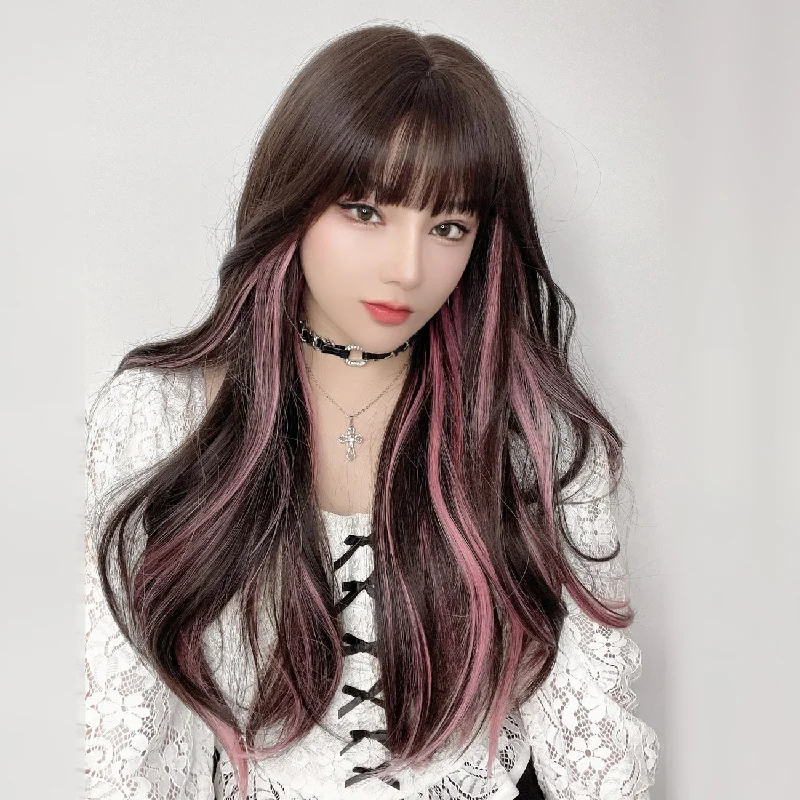 Curly wig with a silk - base cap for a comfortable and smooth feelCherry Blossom Pink Highlight Wig yv31093