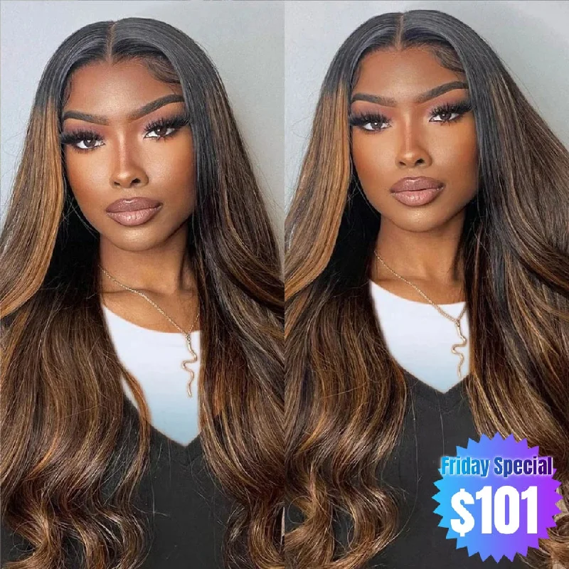 Wavy wig with a side - part for a more flattering look【Friday Special】Ciani | Ombre Honey Brown Highlight Preplucked Human Hair Lace Front Wig