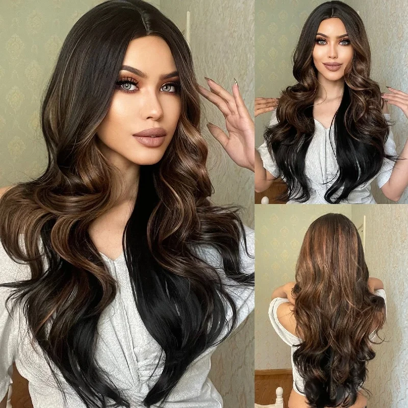 Long - length wavy wig with loose waves for a glamorous lookDark Brown High Lights Long Wavy Synthetic Wig