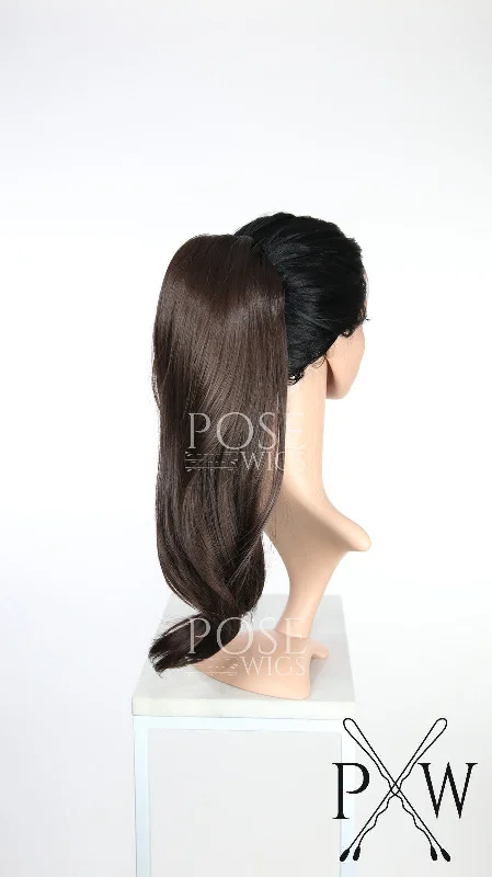 Wavy wig with a wispy fringe for a soft and feminine lookDark Chocolate - Ponytail Hairpiece