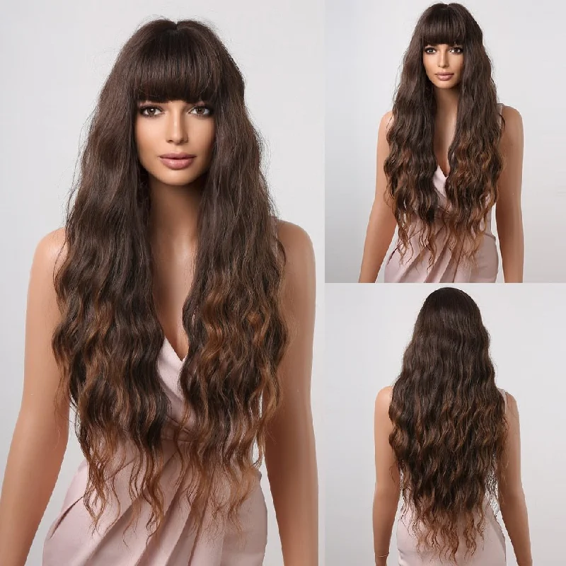 Wavy wig with a side - part for a more flattering lookDark Brown Wavey Wigs with Bangs