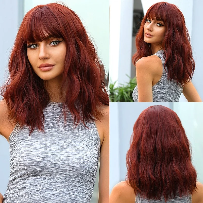 Wavy wig with a water - wave texture for a unique and stylish choiceDark Red Hight Lights with Bangs Wigs