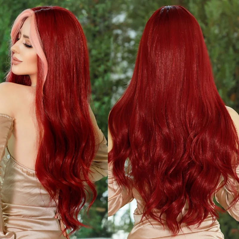 Wavy wig with a 180 - density for a full and thick appearanceDark Red Long Wavy Ombre Wig