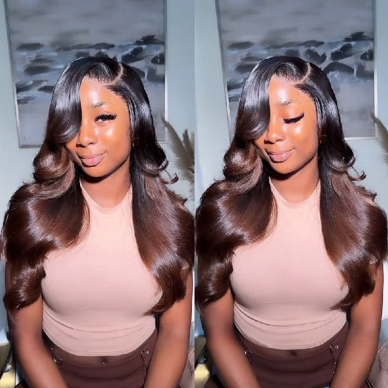 Wavy wig with a silk - base cap for a comfortable and smooth feelGlueless Air Cap Skin Melt Lace Preplucked Human Hair Closure Wigs Ombre Brown