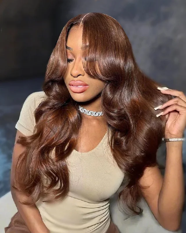 Ombre wavy wig with a seamless color blend【Flash Sale】Glueless Chestnut Dark Brown Color 4x4 Lace Closure Body Wave Human Hair Wig