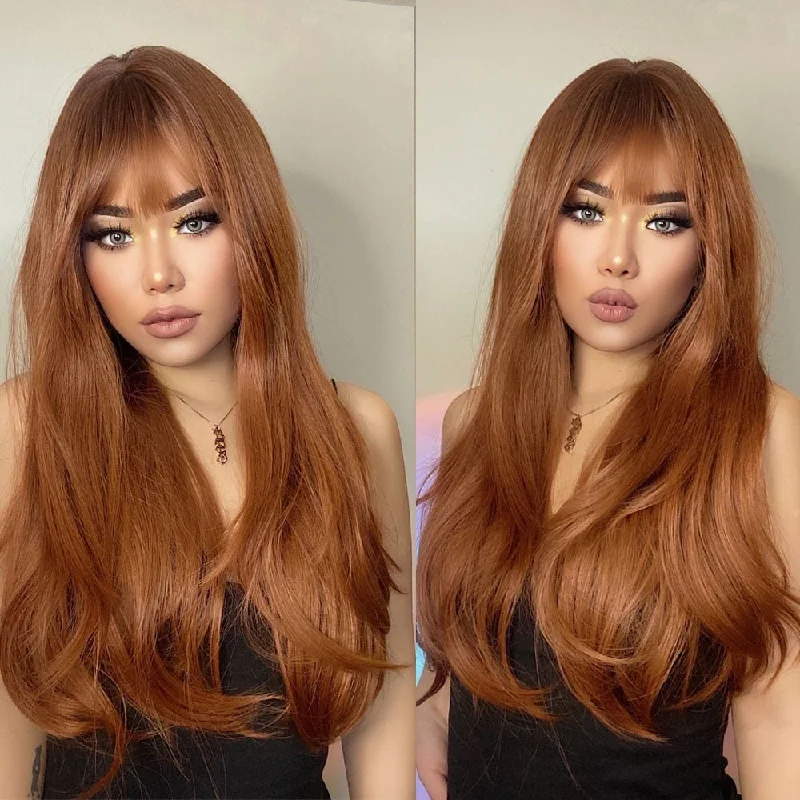 Wavy wig with a middle - part for a classic and elegant styleGolden Brown Wavy Wigs with Bangs