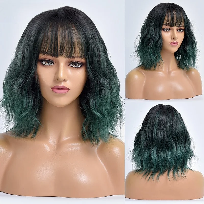 Wavy wig in a chocolate - brown color for a rich and warm appearanceGreen Ombre Short Bob Wave Synthetic Wigs