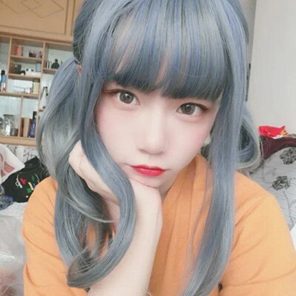 Human - hair curly wig with a bouncy and natural movementHarajuku blue-gray gradient long curly wig YV43577