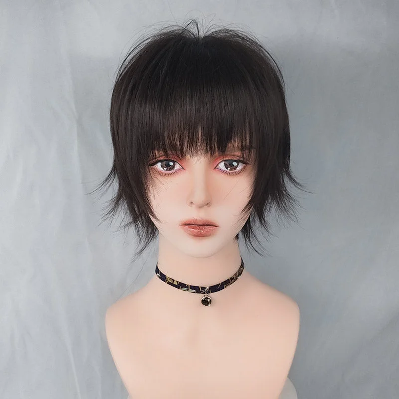 Short wig with a curly texture for a playful and youthful vibeHarajuku brown black short wig YV43561