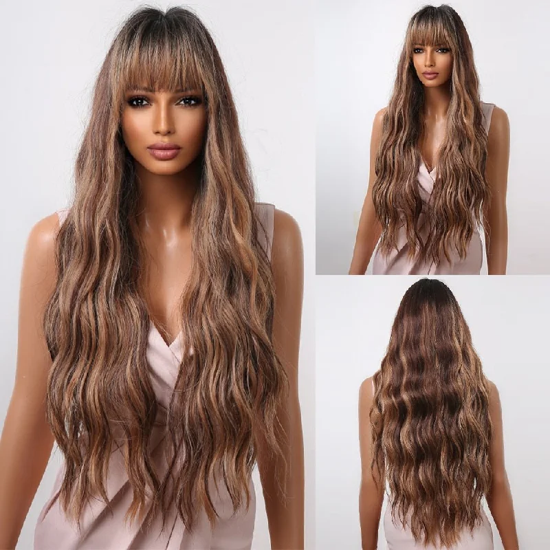 Wavy wig in a chocolate - brown color for a rich and warm appearanceHoney Brown Highlight Long Wavy Synthetic Wigs