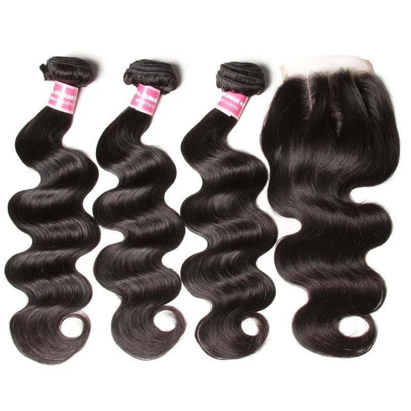 Heat - resistant wavy wig for easy styling at homeKlaiyi Indian Body Wave 3 Bundles with 4*4 Lace Closure