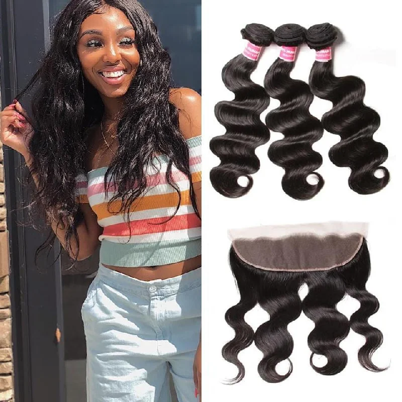 Wavy wig with a natural - looking root for a more realistic lookKlaiyi Indian Body Wave 3 Bundles with Ear To Ear Lace Frontal Closure