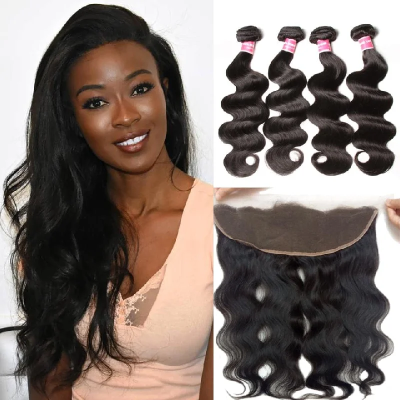 Wavy wig with a middle - part for a classic and elegant styleKlaiyi Indian  Body Wave Virgin Hair 4 Bundles with Frontal Closure Natural Color