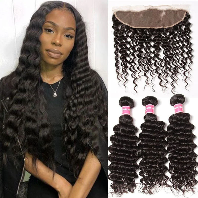 Lace - front wavy wig for a realistic hairlineIndian Deep Wave 3 Bundles with 13*4 Ear to Ear Lace Frontal Closure Deals-Klaiyi Hair