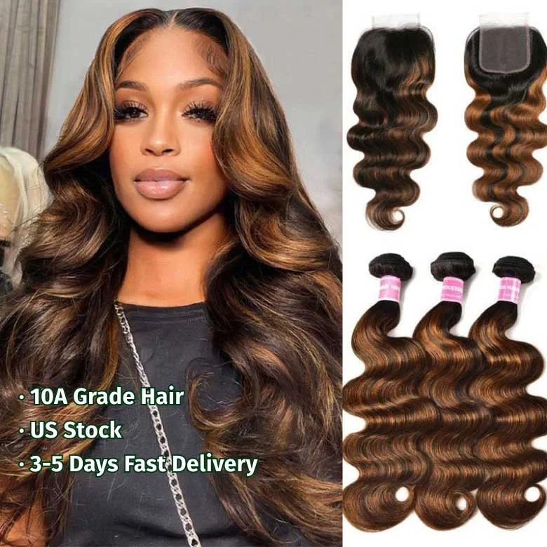 Synthetic wavy wig with a heat - friendly formulaKlaiyi Balayage Hair Color 3 Bundles with Lace Closure Pre Plucked Free Part Highlights Ombre Hair Bundles Body Wave