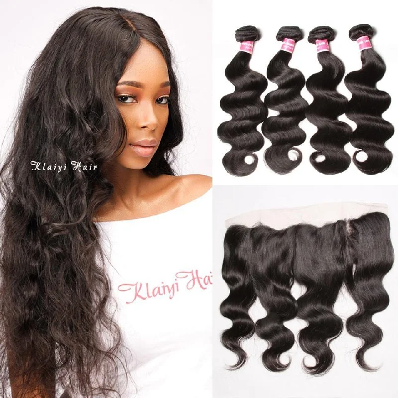 Wavy wig with a pre - styled curl pattern for convenienceKlaiyi Brazilian Body Wave Virgin Hair 4 Bundles with Frontal Closure Natural Color