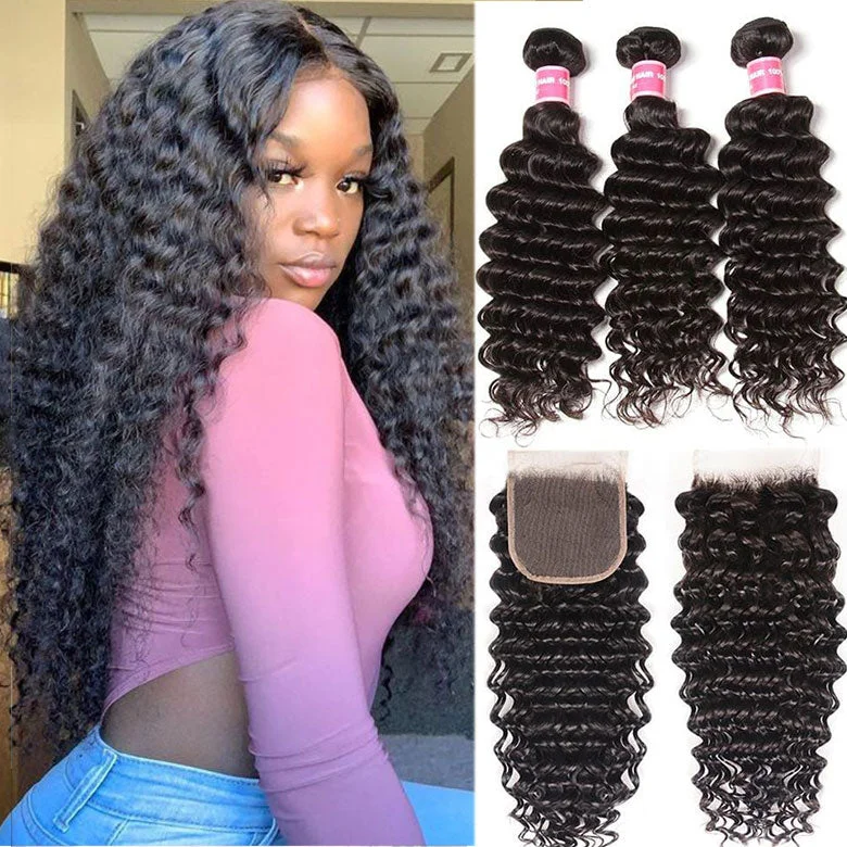 Wavy wig with a middle - part for a classic and elegant styleKlaiyi Hair Deep Curly Wave 3 Bundles with 4x4 Swiss Lace Closure 100% Virgin Human Hair