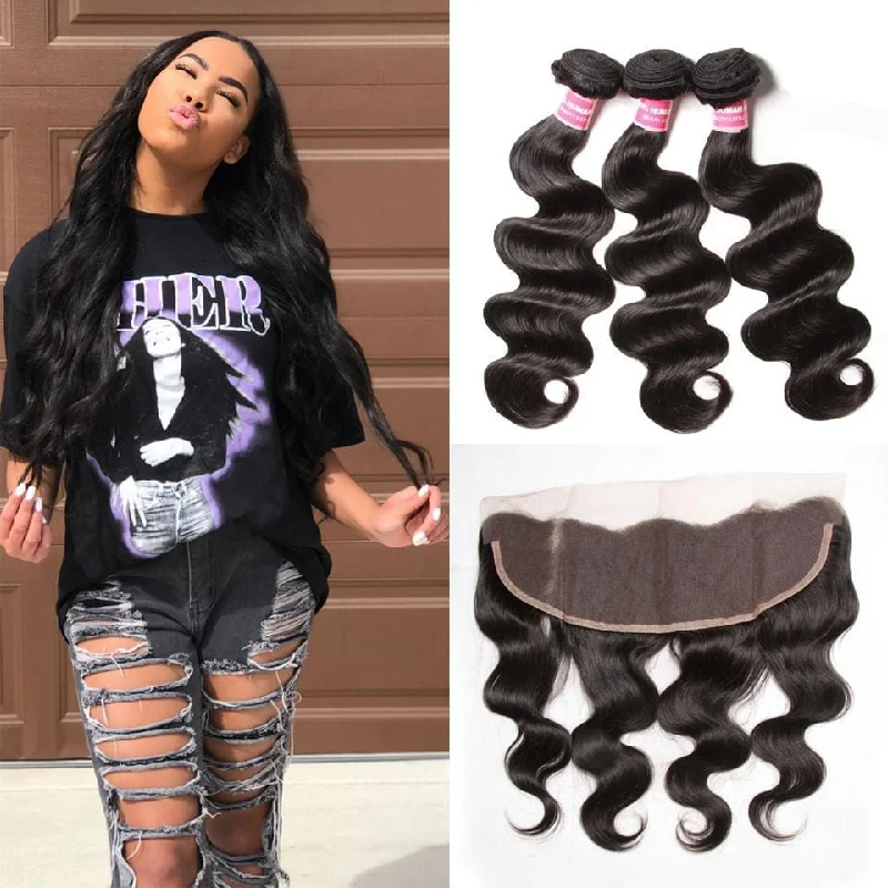 Wavy wig with a natural - looking root for a more realistic lookKlaiyi Brazilian Virgin Body Wave Hair 3 Bundles With Lace Frontal Hair Closure