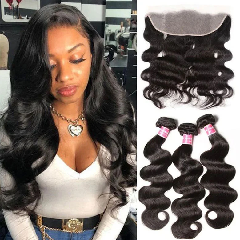 Heat - resistant wavy wig for easy styling at homeKlaiyi Hair Virgin Hair Body Wave 3 Bundles With 13×4 Lace Frontal Ear To Ear