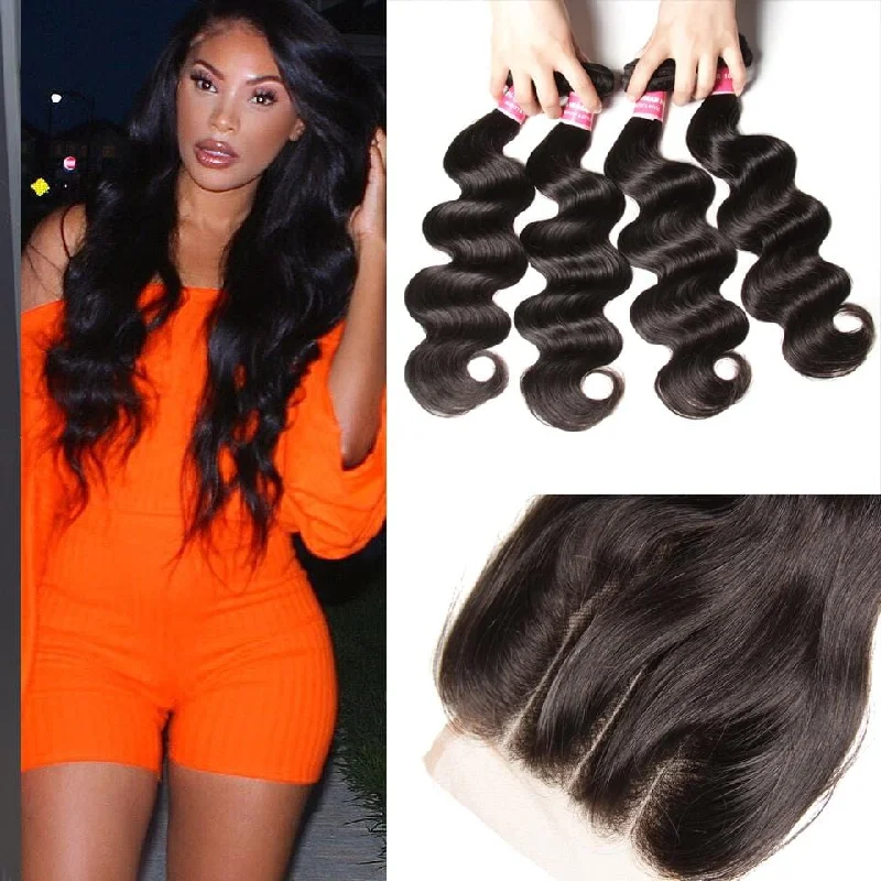 Heat - resistant wavy wig for easy styling at homeKlaiyi Human Hair Virgin Indian Body Wave Weave 4 Bundles With Lace Closure