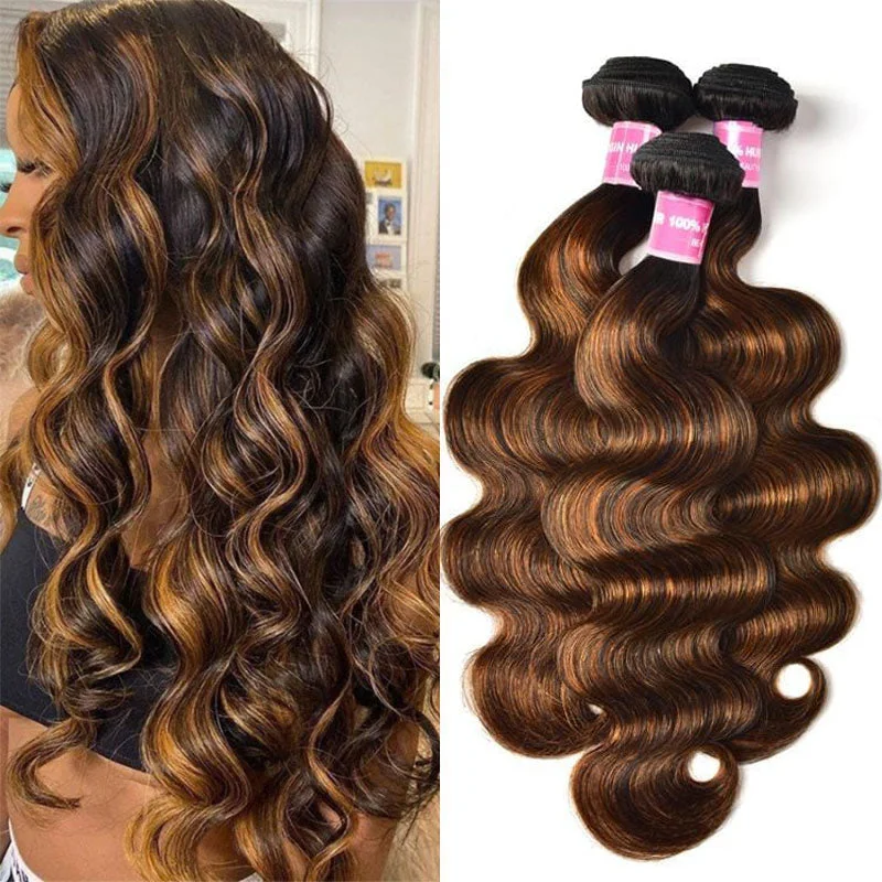 Wavy wig with a natural - looking root for a more realistic lookKlaiyi Brown Balayage #1b/30 Highlight Color Body Wave Human Virgin Hair Bundles Deal Flash Sale