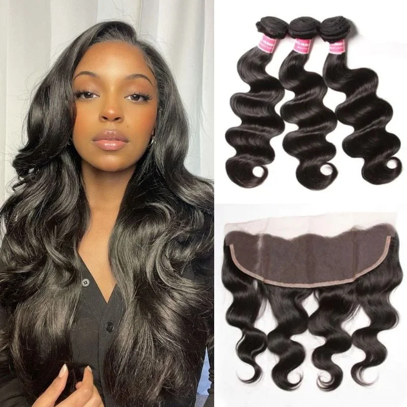 Body - wave wig with a full and voluminous lookKlaiyi Malaysian Body Wave 3 Bundles with Ear To Ear Lace Frontal Closure, 100% Virgin Human Hair Weave Bundles