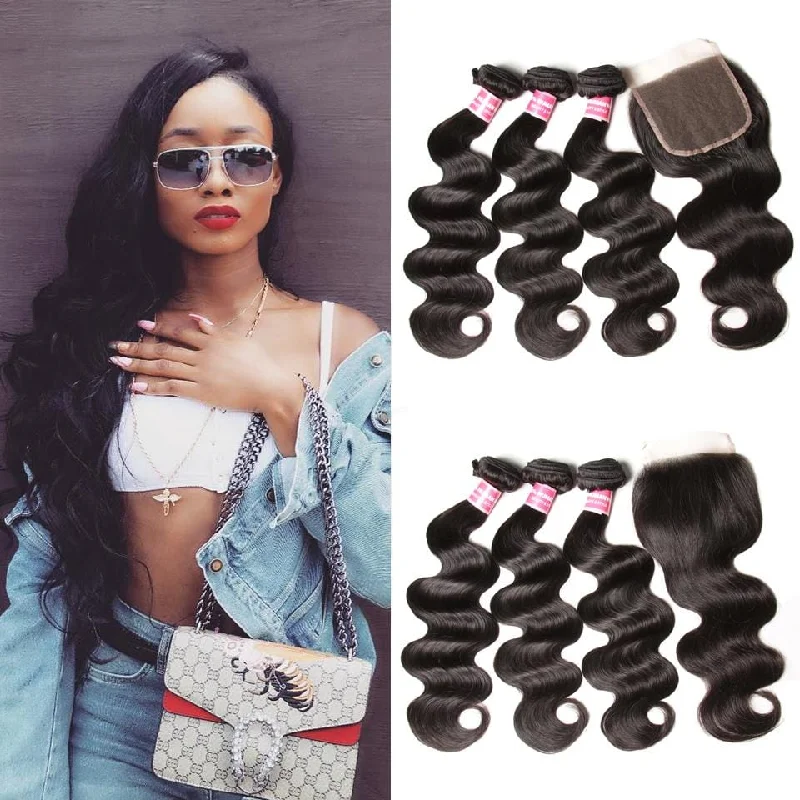 Wavy wig with a 180 - density for a full and thick appearanceKlaiyi Malaysian Body Wave Free Part 4x4 Closure With 3 bundles Unprocessed Human Virgin Hair