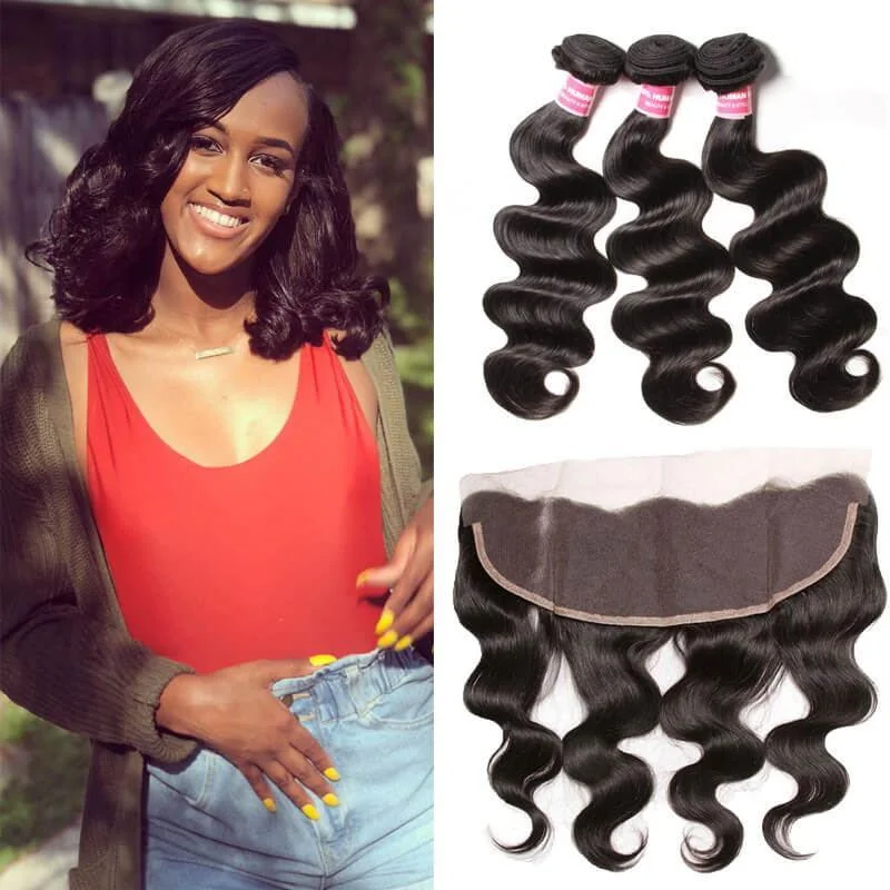 Wavy wig with a silk - base cap for a comfortable and smooth feelKlaiyi Peruvian Body Wave 3 Bundles with Ear To Ear Lace Frontal Closure